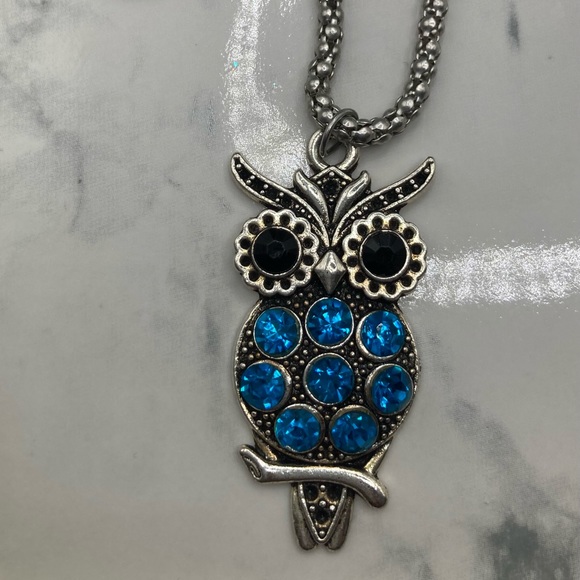 Blue Rhinestone Owl Necklace. - Picture 1 of 4